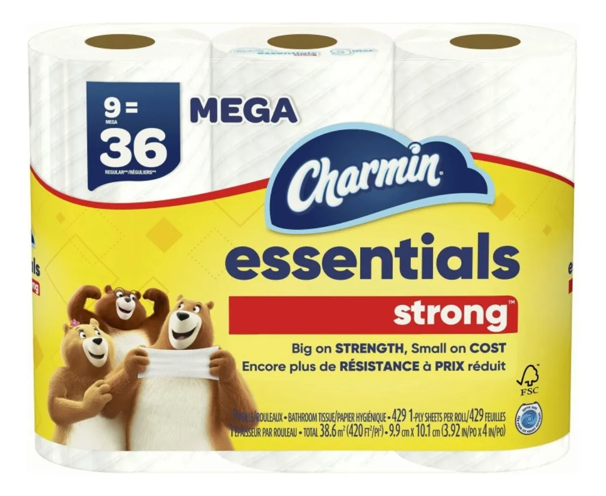 Charmin Essentials Papel Higiénico Fuerte de 2 Capas - 12 Rollos Jumbo, Suavidad y Resistencia para tu Hogar - Ahorro Garantizado y Cuidado Familiar