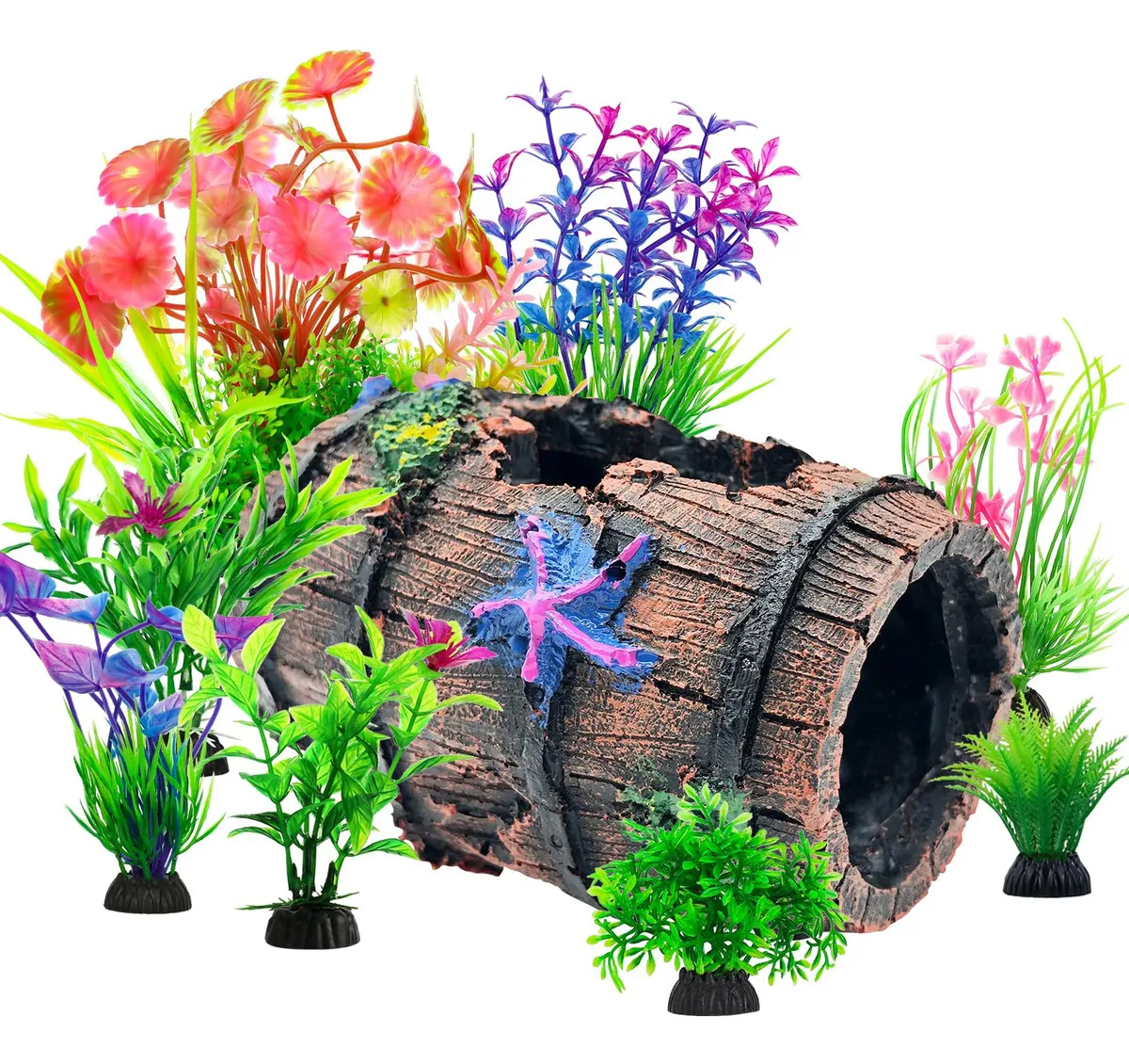Decora tu Acuario con Estilo: Kit Decorativo Barril Roto y Estrellas de Mar de Resina | 8 Piezas | Ideal para Peces Betta y Ambiente Marino