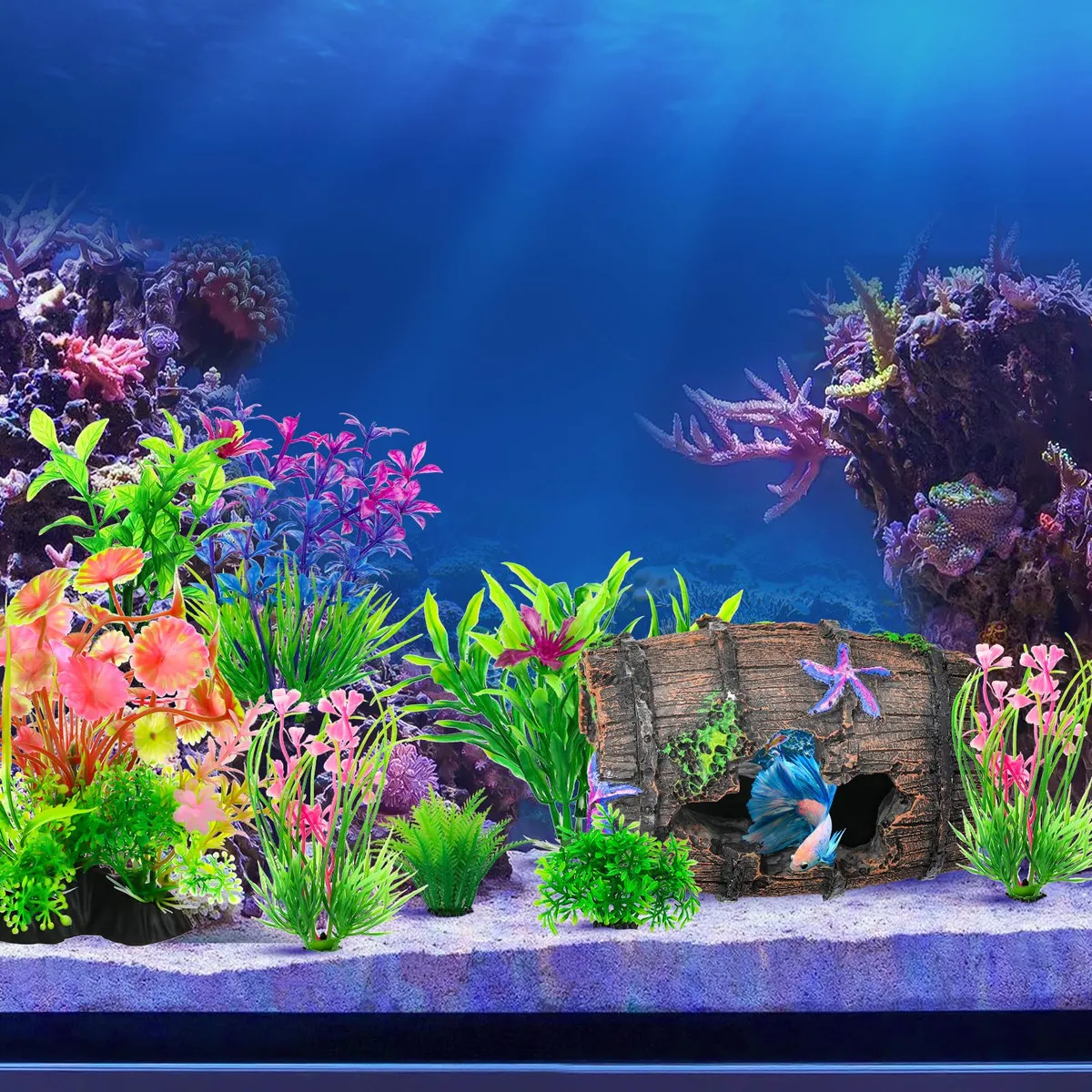 Decora tu Acuario con Estilo: Kit Decorativo Barril Roto y Estrellas de Mar de Resina | 8 Piezas | Ideal para Peces Betta y Ambiente Marino
