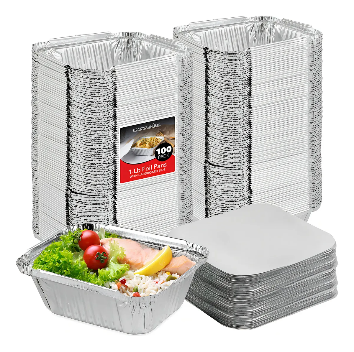 Sartenes de Aluminio Desechables de 1 Libra con Tapa – Perfectos para Negocios de Comida, Marca Genérica, Paquete de 100 – Ideales para Empaquetar y S