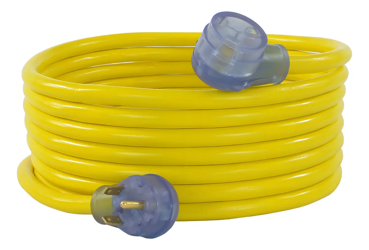 Cable de Extensión RV 30 Amp Amarillo Extendido - 15 Metros, Marca Camco: Resistente, Seguro y Listo para Conexiones Eléctricas Confiables en tu Casa