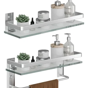 Estantería de Baño Elegante con Vidrio Templado y Barra de Toallas Integrada - [Marca del Producto] Modelo [Número de Modelo] - Acabado Plata Mate, Re