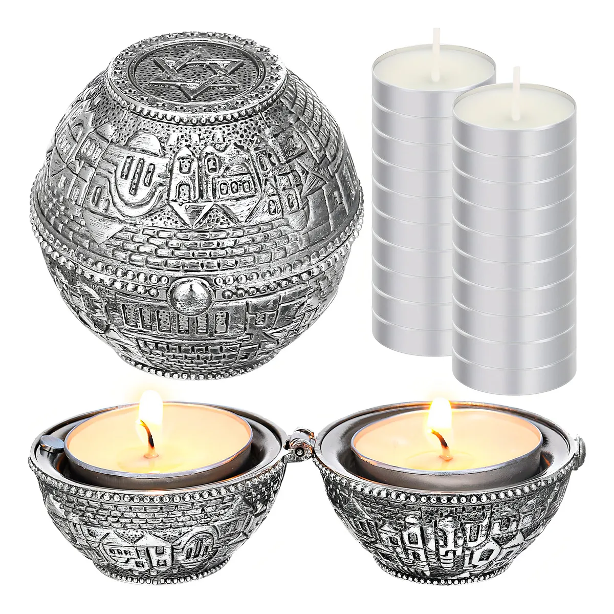 Candelabros de Viaje Metálicos para Shabat Judío, Marca 'Lumière': Diseño Compacto con 10 Velas Blancas, Ideal para Celebraciones Religiosas y Uso Por