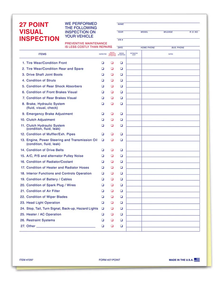 Hoja de Inspección Automotriz Detallada 27 Puntos - Marca ProCheck: Mantén Tu Auto Seguro y a Tus Clientes Contentos. Facilita la Revisión y Ofrece un