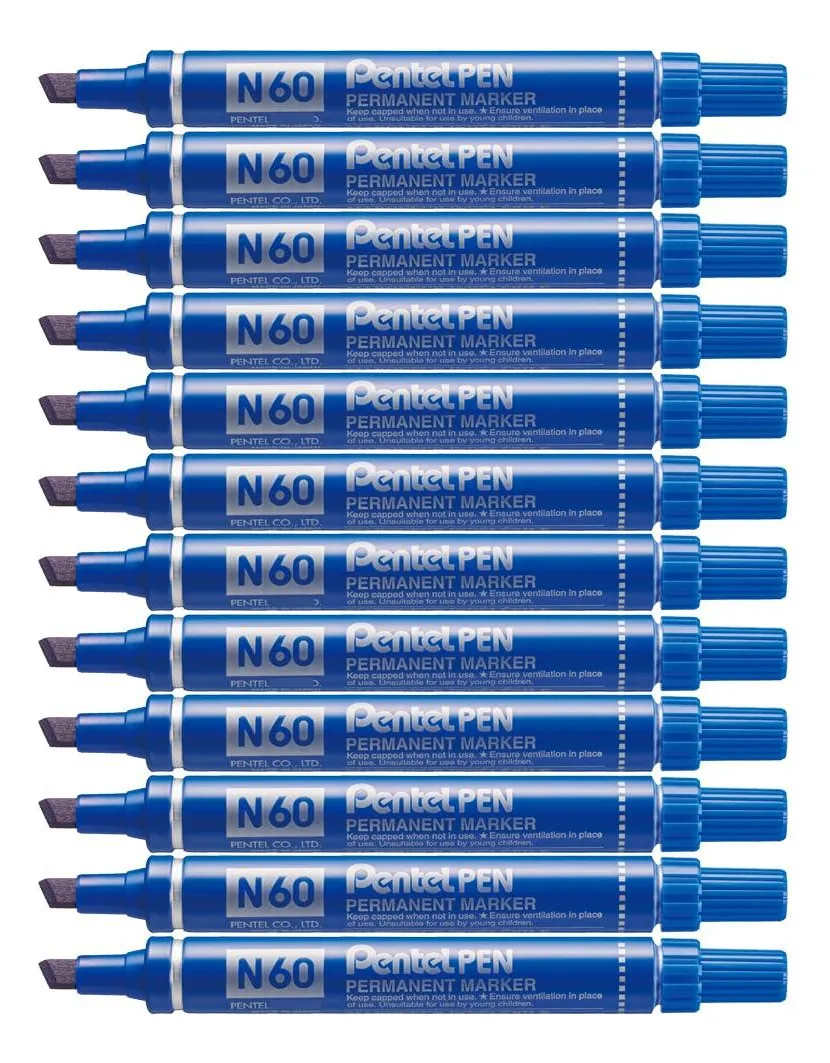 Marcadores Permanentes Pentel N60-C Azul - Paquete de 12 Unidades - Punta Cónica Resistente - Tinta de Secado Rápido y Alta Durabilidad - Ideal para S