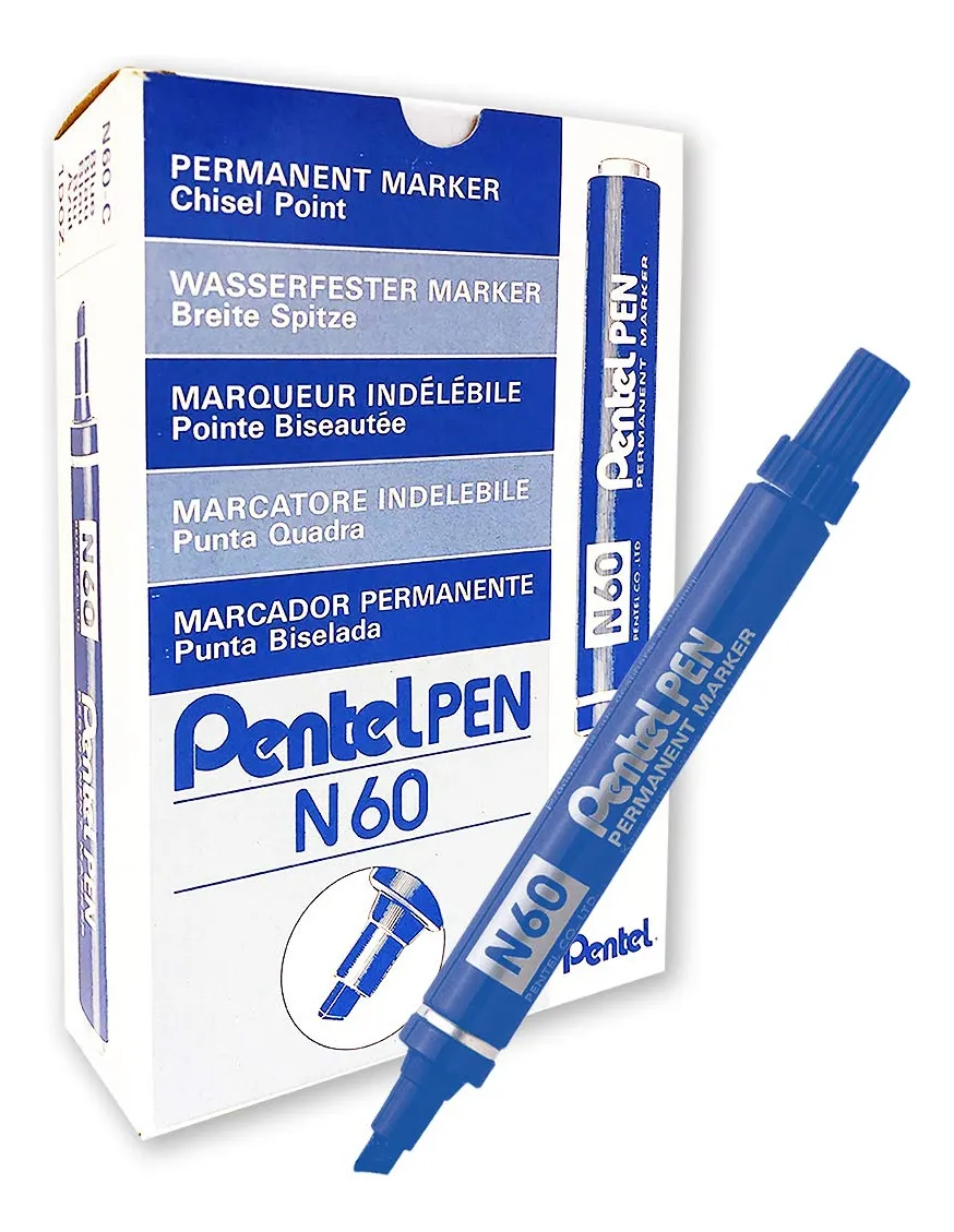 Marcadores Permanentes Pentel N60-C Azul - Paquete de 12 Unidades - Punta Cónica Resistente - Tinta de Secado Rápido y Alta Durabilidad - Ideal para S