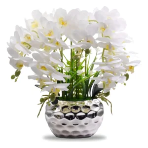Flores Artificiales Orquídeas de Lujo [Marca Elegance Bloom] con Florero Cerámico Plateado: Elegancia Duradera para el Hogar. Diseño Realista, Fácil C
