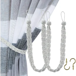 Cortina Trenzada a Mano de Lujo, Marca 'Tejidos del Sol': Modelo 'Elegancia', con Alzapaños y Ganchos Plateados, Ideal para Decoración Clásica y Moder