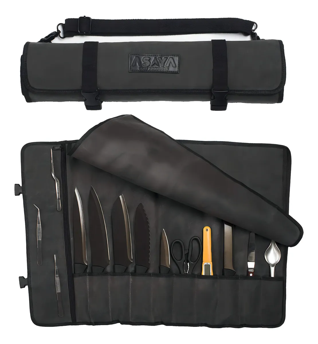Bolsa Enrollable para Cuchillos de Chef | Marca Chef's Choice | Lona Resistente 10 Ranuras + Bolsillo | Funda Profesional con Correa Ajustable | Trans