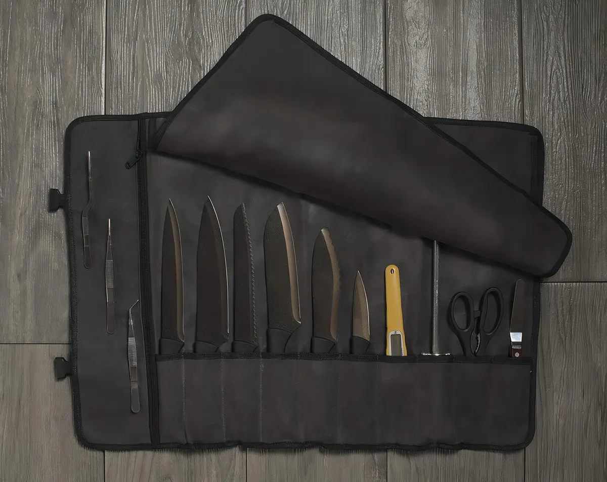 Bolsa Enrollable para Cuchillos de Chef | Marca Chef's Choice | Lona Resistente 10 Ranuras + Bolsillo | Funda Profesional con Correa Ajustable | Trans