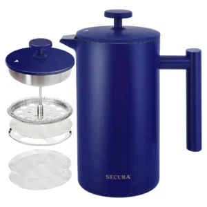 Cafetera de Prensa Francesa 1 Litro OXO Good Grips: Acero Inoxidable Azul, Doble Pared Aislante, Filtro de Acero Inoxidable, Fácil Limpieza - Disfruta