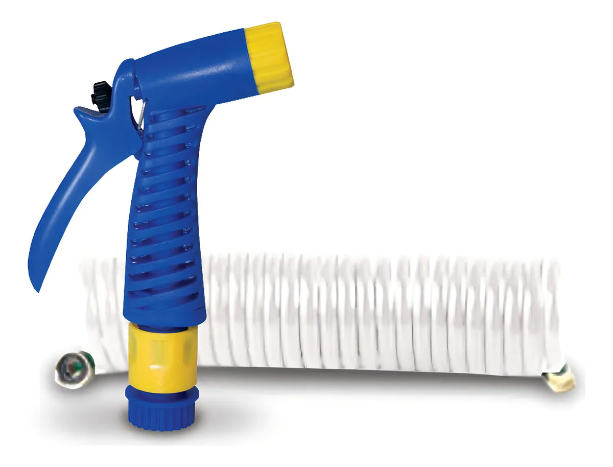 Manguera Rizada Flex-Tech de 1/2 Pulgada (1.27cm) x 4.57 Metros con Boquilla Ajustable: Resistencia y Versatilidad para tu Jardín y Tareas del Hogar -