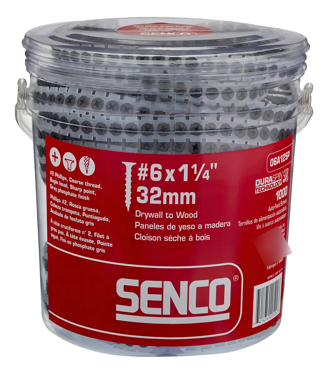 Tornillos para Paneles de Yeso Senco #6 x 1-1/4" - Fijación Confiable para Madera, Cabeza Phillips, Acabado Fosfatado Gris, Paquete de 1000 Tornillos