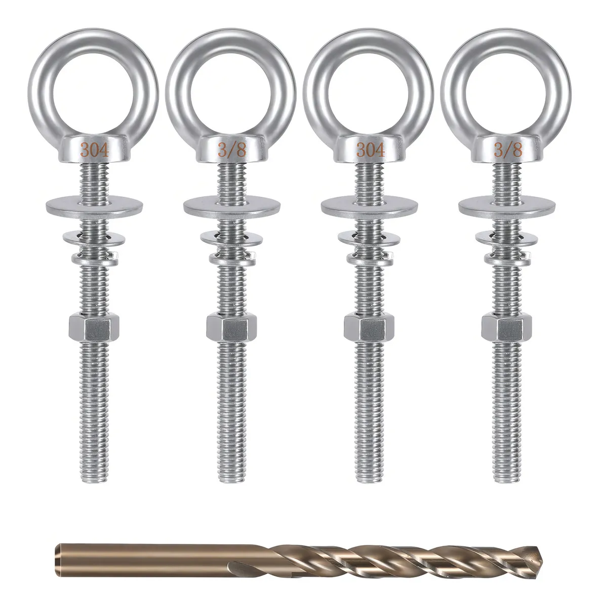 Tornillos de Ojo con Tuercas Marca X (Modelo: TO-4X) - Paquete de 4 | Acero Inoxidable 304 | Alta Resistencia a la Corrosión | Fijación Segura y Durad