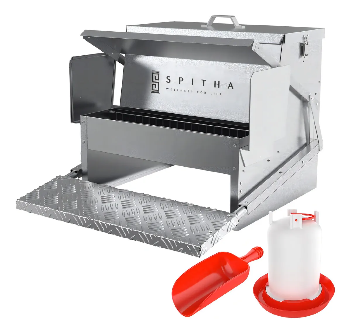 Comedero Automático para Pollos Abridor de Pedal: Marca Gallinero Feliz, Modelo CF-100, Resistente, Anti-roedores, Dispensador de Alimento para Gallin