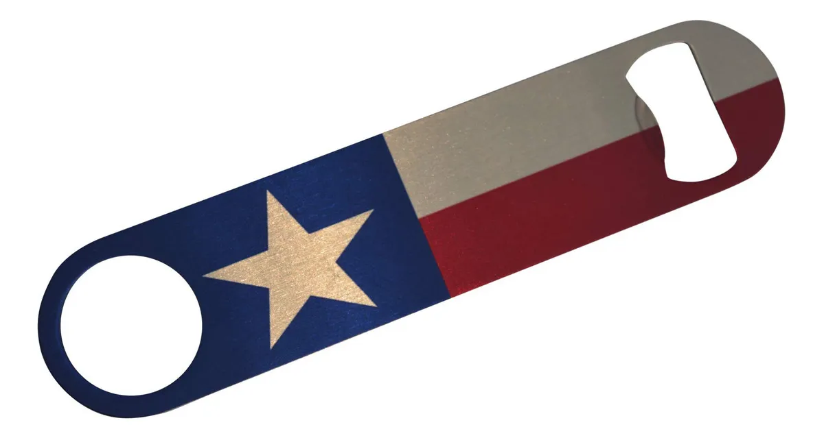 Abridor de Botellas de Velocidad con Diseño de Bandera de Texas RES: Abrelatas Profesional para Bartenders y Coleccionistas, Acero Inoxidable Duradero