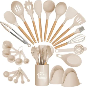 Set de Utensilios de Cocina de Silicona Antiadherente, 28 Piezas, Color Caqui, Marca Premium Kitchenware: Resistentes al Calor, Apto para Lavavajillas