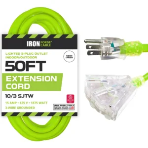 Cable de Extensión para Exterior, 50 Pies, 3 Contactos, Verde Neón, Resistente a la Intemperie, Marca PowerBright Modelo XB50N3: Iluminación Segura y