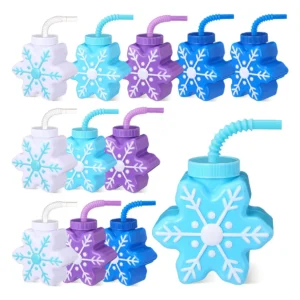 Tazas Copo de Nieve de 10 oz con Pajitas - Marca 'CelebraFest': Diseño Invernal Festivo para Cumpleaños y Eventos Especiales - Juego de 12 Unidades Re