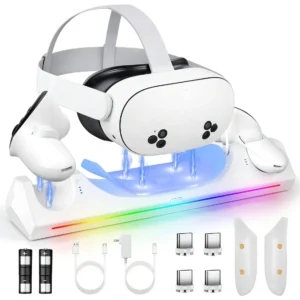 Base de Carga Oficial Meta para Meta Quest 3 y Oculus Quest 3: Carga Rápida, Diseño Compacto, Incluye 2 Baterías Recargables para Mayor Tiempo de Jueg