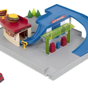 ¡Aventuras en Marcha! Set de Juego de Carritos de Juguete con Gasolinera, Camión de Comida y 5 Piezas, Marca [Marca Imaginaria: Juguetilandia], Modelo