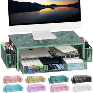 Organiza tu espacio de trabajo: Soporte para Monitor con Cajón, Portalápices y Diseño Ergonómico Verde | Marca Genérica - Modelo OF-2023 | Eleva tu pa