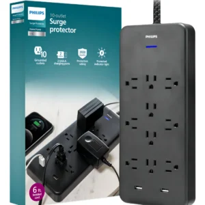 Tira de Alimentación Steren Pro 10 Tomas con Protección Contra Sobretensiones y 2 Puertos USB de Carga Rápida - Modelo 2024 - Blanco - Ideal para Hoga