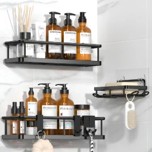 Organizador de Baño Negro Sin Taladro [MarcaGenérica]: Estantes de Ducha Adhesivos Premium - Diseño Moderno, Acero Inoxidable, Resistente al Agua, Fác