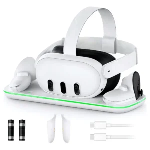 Estación de Carga Todo en Uno para Meta Quest 3: Base con Iluminación LED Integrada y Baterías Recargables - Mantén tu Realidad Virtual Lista y Organi