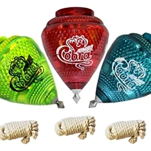Trompos Cometa Jumbo Cobra Classic: Set de 3 Trompos Giratorios Resistentes en Colores Vibrantes (Verde Claro, Rojo, Azul) con Cuerda Integrada - ¡Div