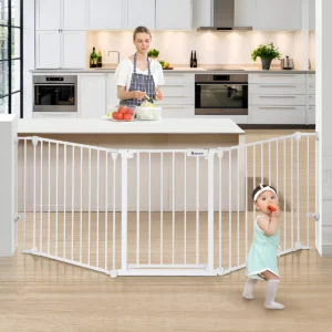 Barrera de Seguridad Extra Ancha para Bebés y Mascotas Dreambaby Chelsea - Blanca, con Puerta y Extensión Ajustable, Ideal para Puertas y Pasillos Amp
