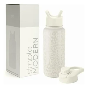 Botella de Agua Simple Modern con Pajita y Tapa, Diseño Cream Leopard, 600ml - Acero Inoxidable, Aislada al Vacío, Libre de BPA - Hidratación Stylish