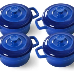 Cazuelas de Cerámica 12 oz (Juego de 4) Azul Vibrante con Tapas y Asas - Marca Genérica Premium para Horneado y Servir - Perfectas para Postres y Plat