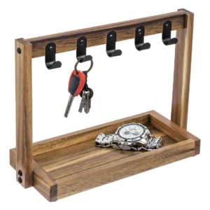 Organizador de Llaves Decorativo en Madera Oscura con Ganchos de Metal Negro | Marca 'CasaFuerte' | Modelo 'KL-200' | Diseño Elegante y Funcional para