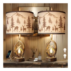Ilumina tu hogar con elegancia: Juego de 2 Lámparas de Mesa Rústicas Cornamenta [Marca: Decoración Hogar Ideal] Modelo: 'Alce' - Diseño único, base es