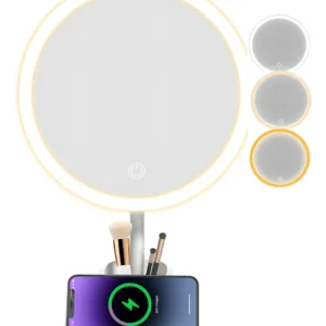 Espejo Redondo Iluminado con LED y Bandeja de la Marca 'BrillaCasa': Modelo 'Zenith' - Iluminación Perfecta, Diseño Elegante y Organización Impecable