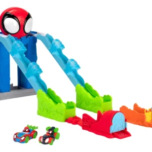 ¡Acelera la Diversión! Pista de Carreras Spidey Mega Jump de 99 cm con Ascensor - Emocionantes Saltos y Competencias para Niños - ¡A Jugar!