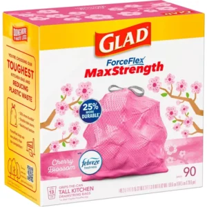 Bolsas de Basura Glad ForceFlex® con Fuerza y Aroma a Cereza: 90 Bolsas de 13 Galones, Resistencia Superior y Control de Olores para el Hogar