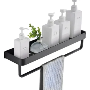 Estante de Baño Flotante con Barra para Toallas – Marca [Nombre de la Marca] Modelo [Número de Modelo] – Diseño Moderno Negro Mate, Montaje Sencillo,