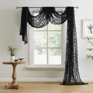 Cortina Bufanda de Encaje Gótico Negro 'Sombre' - Elegancia Oscura para Ventanas | Decoración Halloween o Día de Muertos | Tejido Delicado