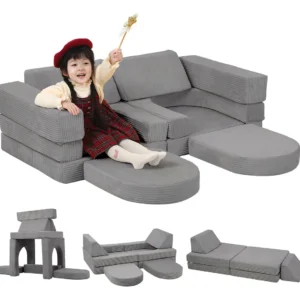 Sofá Modular de 10 Piezas Gris Claro 'ConfortCasa' Modelo 'RelaxFlex': Diseño Personalizable para Sala de Juegos, Tapizado Resistente, Fácil Limpieza