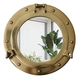 Espejo de Pared Decorativo Náutico en Latón Pulido Marca 'BrillaMar': Diseño Marinero Elegante, Marco Resistente, Ideal para Baño o Sala, Fácil Instal