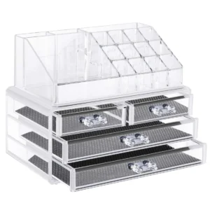 Organizador de Joyas y Cosméticos Neewer: Juego de 2 Piezas Acrílico Transparente, 4 Cajones Deslizantes y Bandeja Superior, Ideal para Maquillaje y A
