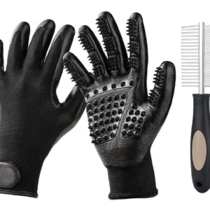 Kit de Limpieza Profesional SlowTon para Mascotas: Elimina Pelo, Acondiciona y Cuida a Perros y Gatos. Guante y Peine de Doble Cara. Negro.