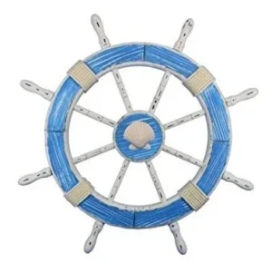 Timón de Barco Decorativo Rústico 76.2 cm - Diseño Náutico Artesanal, Color Azul y Blanco con Acabado de Concha - Ideal para Decoración Marina y Ambie
