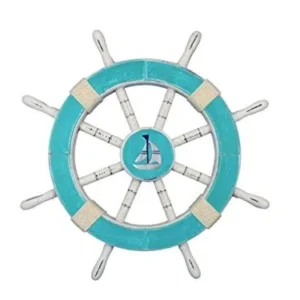 Timón de Barco Decorativo 18 Pulgadas ArX: Azul Cian y Blanco, Madera Rústica, Ideal para Decoración Náutica y Ambientes Costeros, Envío Rápido