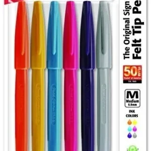Set de 6 Plumones Pentel Sign Pen® de Punta Pincel para Acuarela - Colores Variados Vibrantes y Trazo Flexible - Ideal para Lettering, Dibujo y Manual