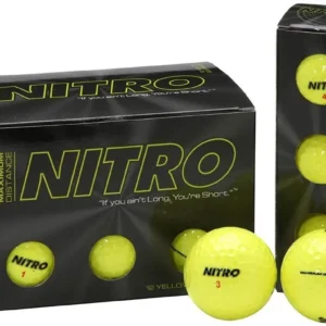 Nitro Golf Pelotas de Golf Amarillo - Caja con 12 Bolas - Máxima Distancia y Durabilidad - Núcleo de Titanio, Diseño Aerodinámico para Torneos USGA