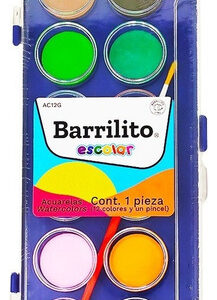 Desata la Creatividad: Paquete de 12 Acuarelas Escolares Barrilito AC12G - Colores Vibrantes, No Tóxicas y Perfectas para Artistas en Desarrollo