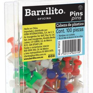 Pines de Colores BARRILITO PIN13: Caja con 100 Piezas Multiusos para Oficina, Escuela y Manualidades. Cabezas Plásticas Resistentes, Puntas Metálicas